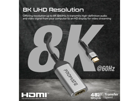 Promate MediaLink-8K USB-C to HDMI Adapter, Ultra HD 8k@60hz HDMI Adapter Converter with 48Gbps Transmission